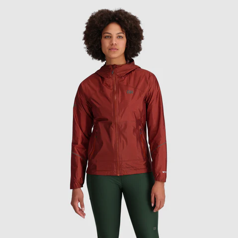 outdoor research womens helium rain jacket in color brick on a model front view