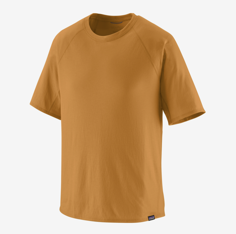 patagonia mens capilene cool trail tee shirt in the color golden caramel, front view
