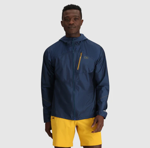outdoor research mens helium jacket on a model in color cenote, front view