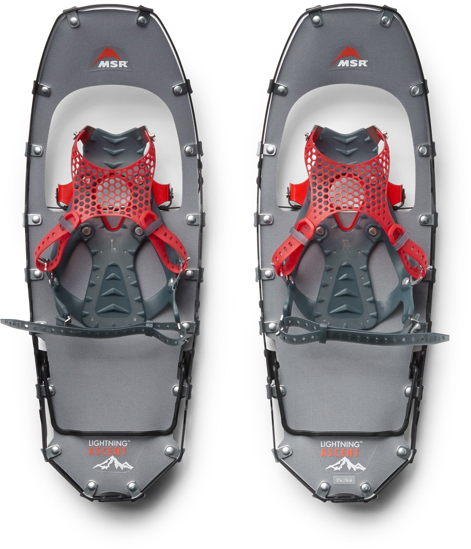 Pair of gray and red snowshoes with MSR branding on a white background
