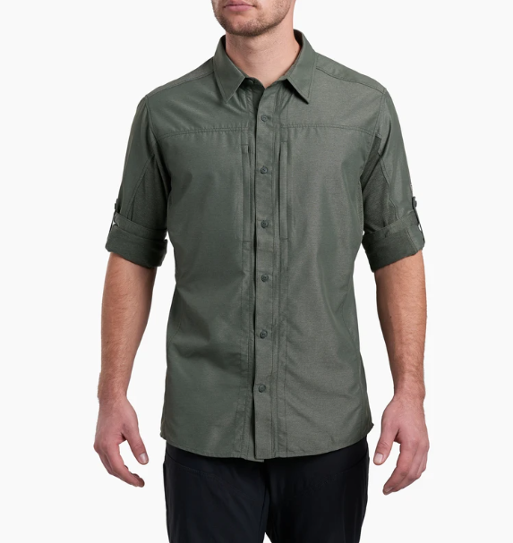 a model wearing the kuhl airspeed long sleeve mens shirt in the color dark forest, front view