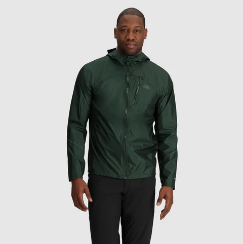 outdoor research mens helium jacket on a model in color grove, front view
