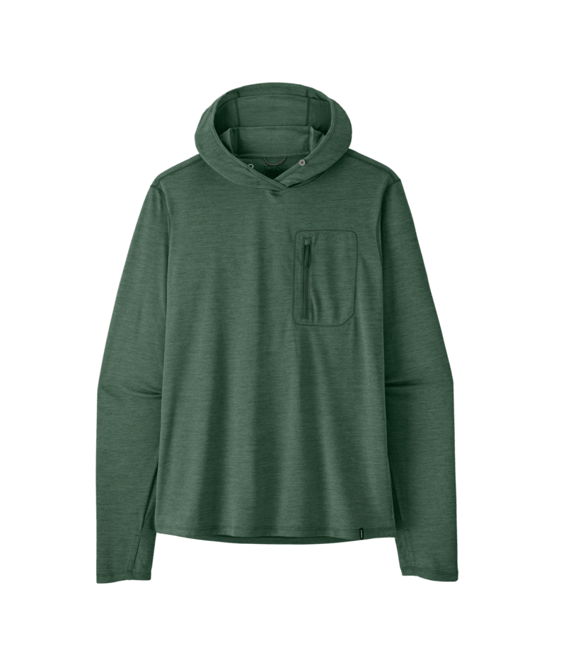 A dark green long-sleeve hooded shirt with a zippered chest pocket,
