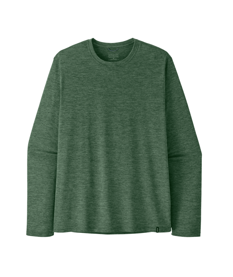 A long-sleeve crewneck shirt in a heathered forest green color