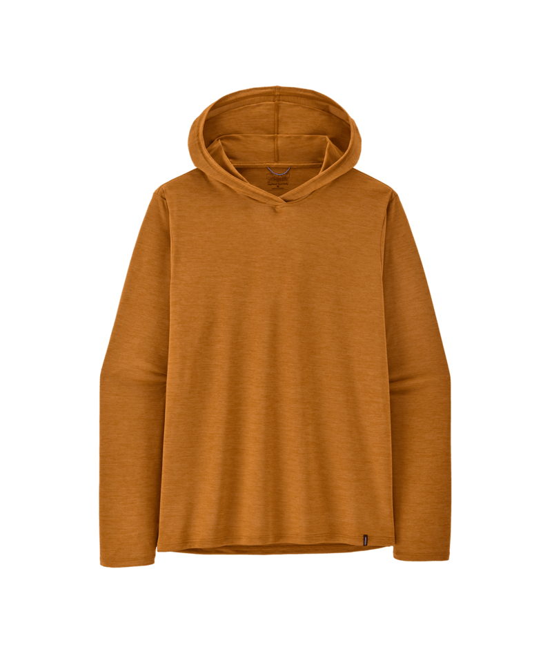 A long-sleeve hooded knit top in a warm mustard or ochre orange color