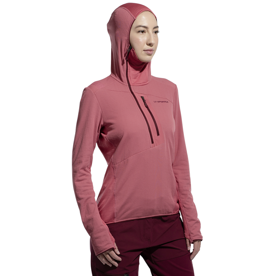 la sportiva womens bigwall hoody in rose front view on a model with hood up