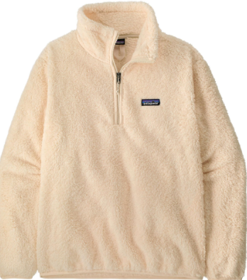 A cream-colored Patagonia fleece pullover with a half-zip neckline and a small Patagonia logo patch on the left chest, shown against a plain white background.