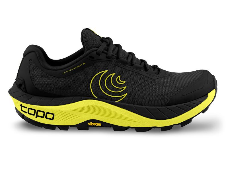 a photo of the topo mountain racer 3 mens shoe in the color black/lime, side view