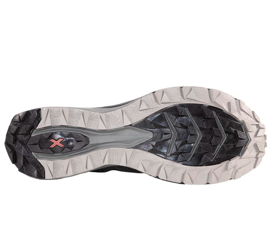 a photo of the la sportiva mens jackal ii running shoe in the color black/clay, view of the sole