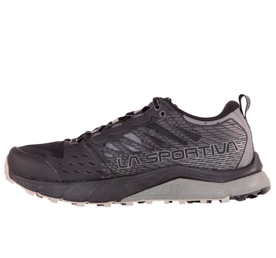 a photo of the la sportiva mens jackal ii running shoe in the color black/clay, view of the instep