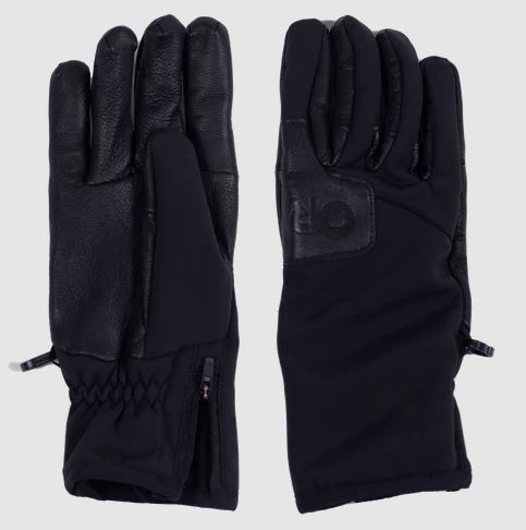 a photo showing the front and back of the womens outdoor research stormtracker sensor gloves in black
