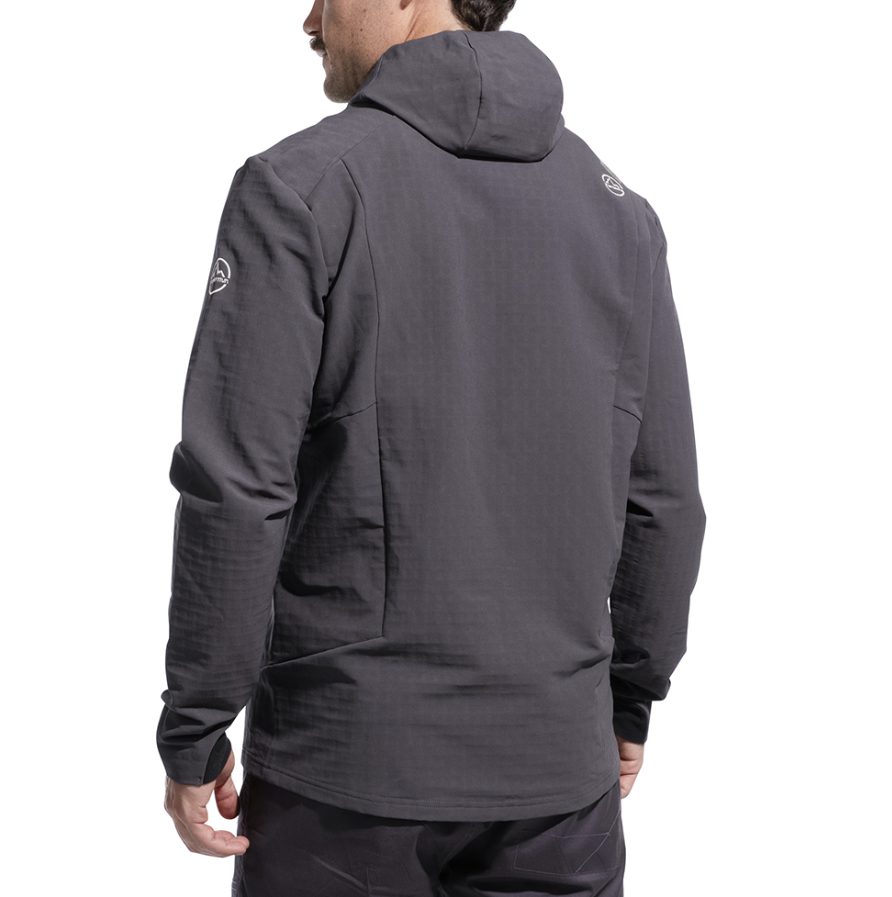 mens la sportiva descender jacket in onyx back view on a model