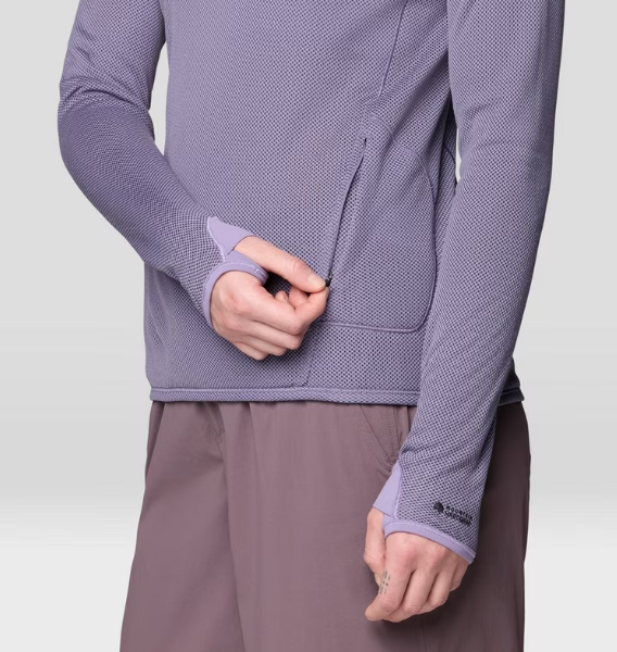 mountain hardwear womens airmesh hoody in violet stone showing pocket and thumb holes