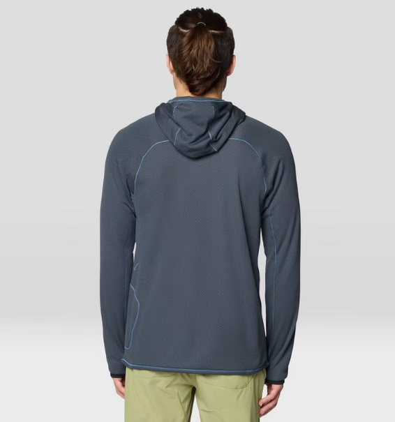 mountain hardwear mens airmesh hoody in moon blue back view on a model