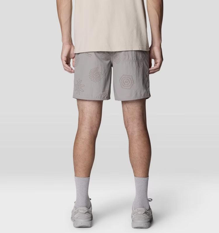 mountain hardwear mens stryder short in approaching storm print back view on a model