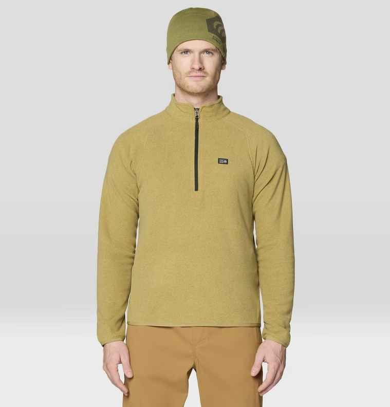 mountain hardwear mens microchill quarter zip on a model in grassland heather front view