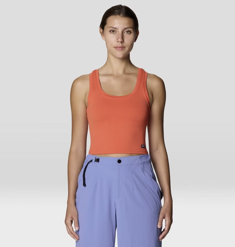 mountain hardwear peak knit tank on a model aspect orange front view