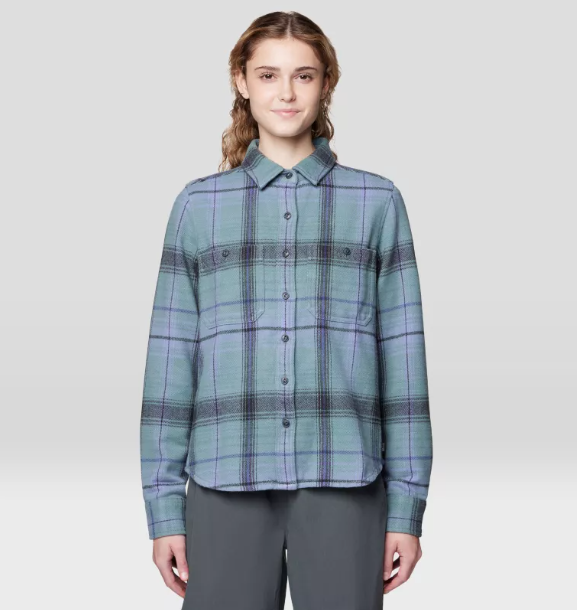 mountain hardwear womens plusher flannel on a model front view blue sage