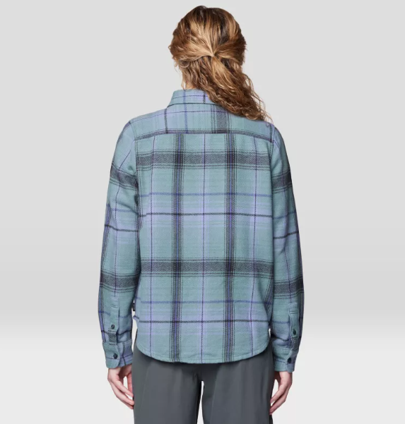 mountain hardwear womens plusher flannel on a model back view blue sage