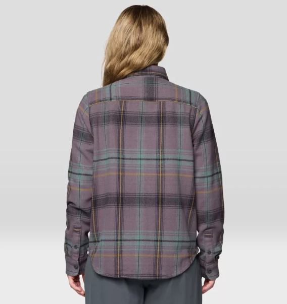 mountain hardwear womens plusher flannel on a model back view purple dusk