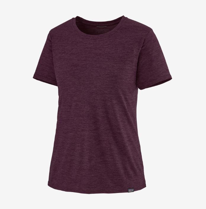 a photo of the patagonia womens capilene cool daily shirt in the color night plum obsidian plum x dye, front view