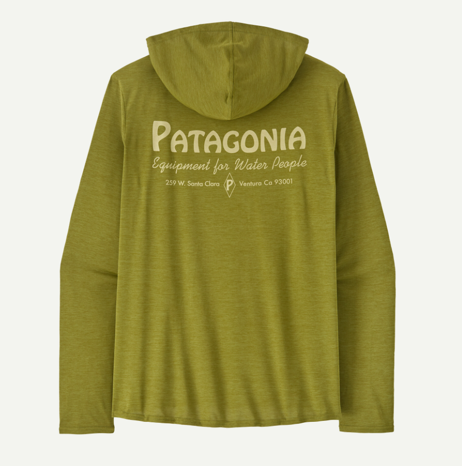 patagonia capilene cool daily graphic hoody in graze green back view