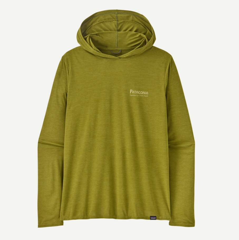 patagonia capilene cool daily graphic hoody in graze green front view