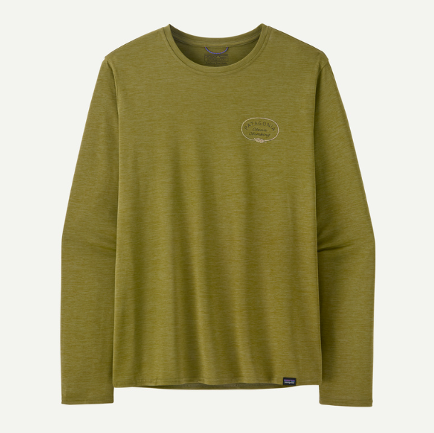 patagonia capilene cool daily graphic mens long sleeve shirt in color graze green x dye, front view