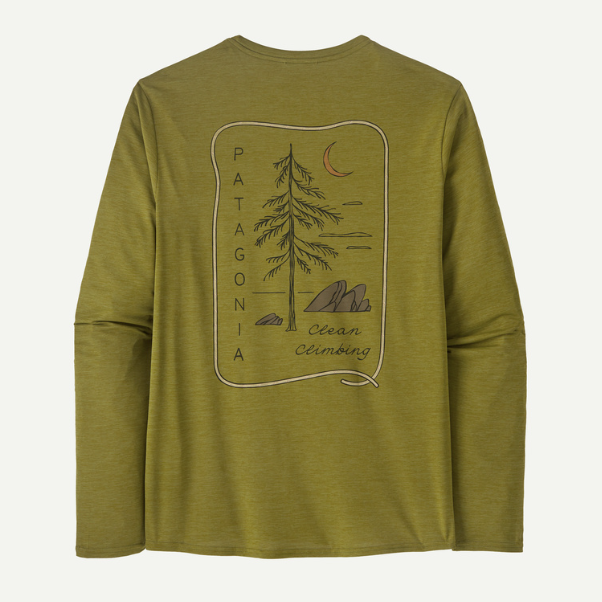 patagonia capilene cool daily graphic mens long sleeve shirt in color graze green x dye, back view