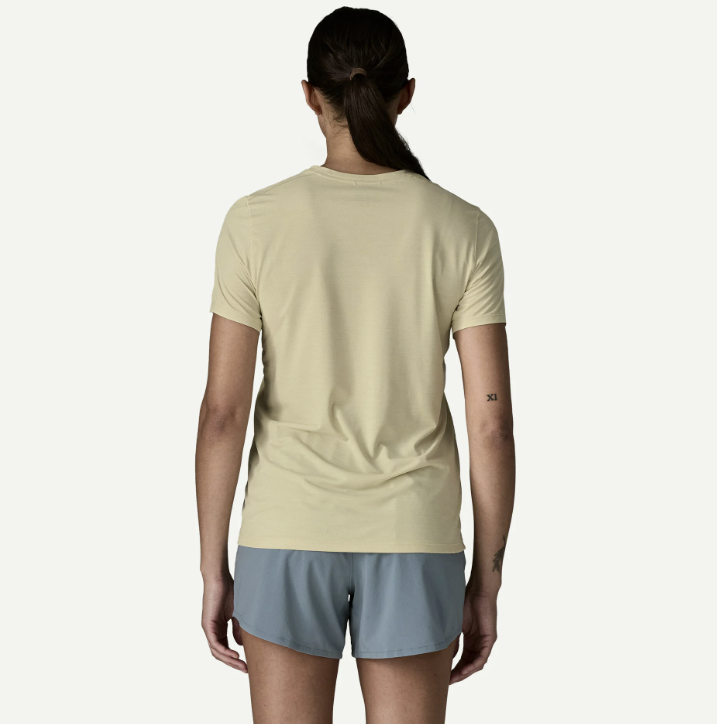 patagonia womens capilene cool ultra shirt in pumice dyno back view on a model