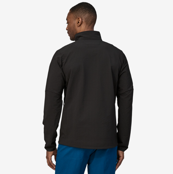 patagonia mens r1 techface jacket in black, back view on a model
