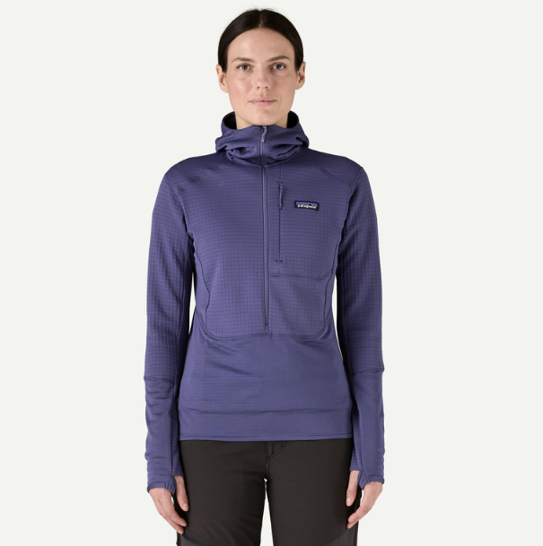 patagonia womens r1 hoody in solstice purple front view on a model