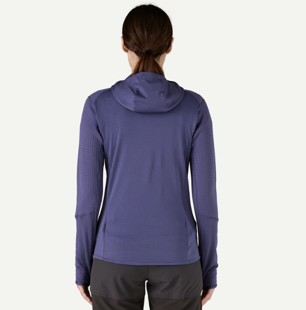 patagonia womens r1 hoody in solstice purple back view on a model