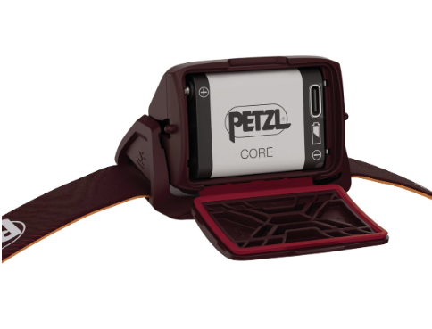 petzl actik core in red shown with the battery