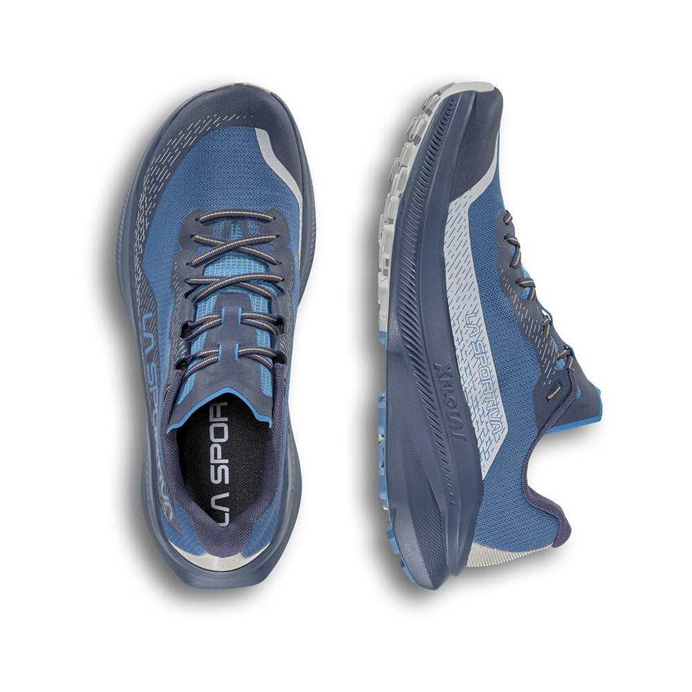Blue running shoes with white accents on a white background