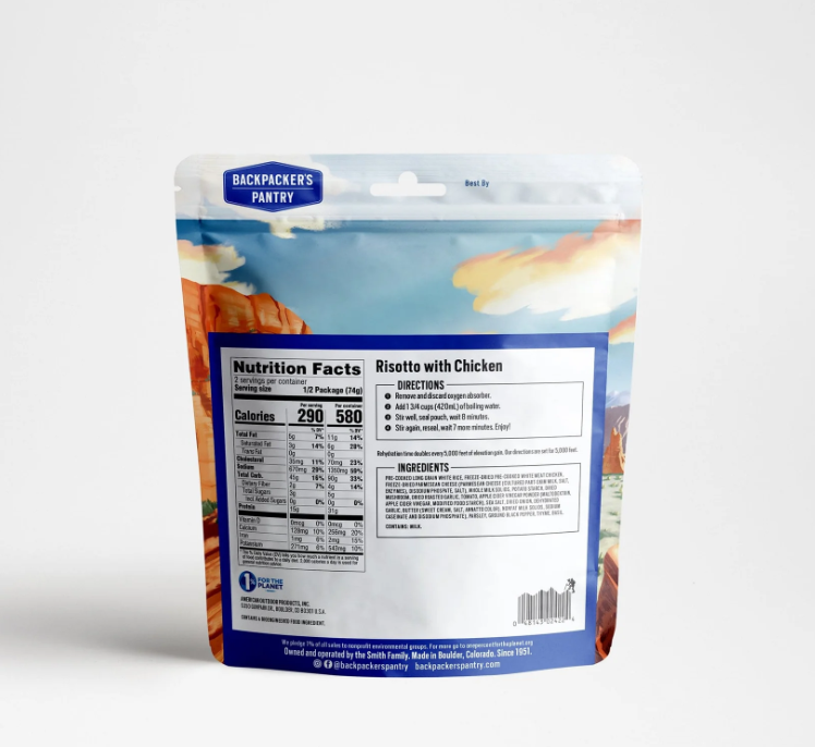 backpackers pantry risotto with chicken meal in bag back view