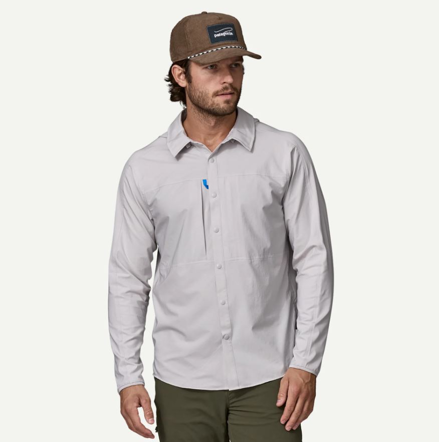 Patagonia Men's River Rambler Hybrid Sun Hoody in crisp grey, front view on model with hood removed