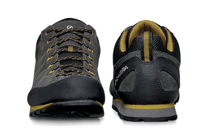 mens scarpa crux approach shoe in color shark mustard, toe and heel