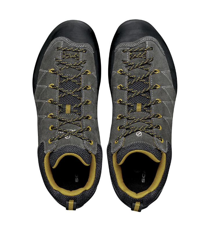 mens scarpa crux approach shoe in color shark mustard, top view
