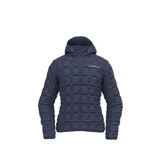 A dark navy blue hooded puffer jacket with a quilted pattern, shown against a plain white background. The brand name 'The North Face' is visible in white text on the left chest.