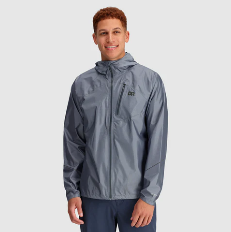 outdoor research mens helium jacket on a model in color slate, front view