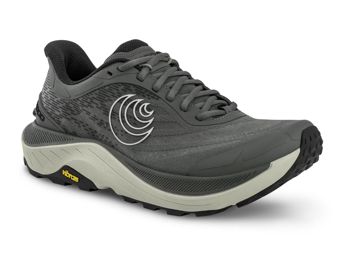 the topo ultraventure 4 running shoe in grey color, three quarters view