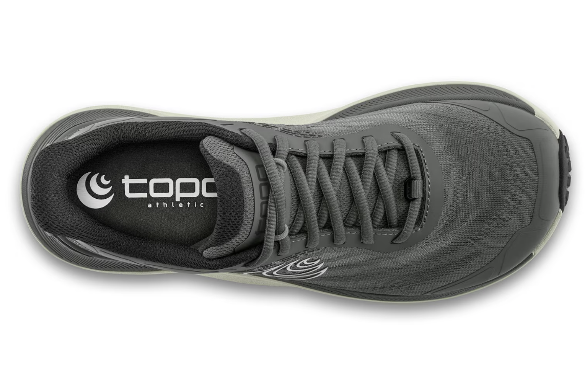 the topo ultraventure 4 running shoe in grey color, top view