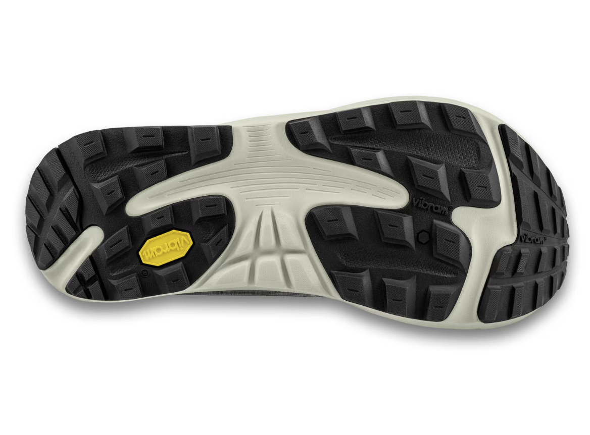 the topo ultraventure 4 running shoe in grey color, sole view