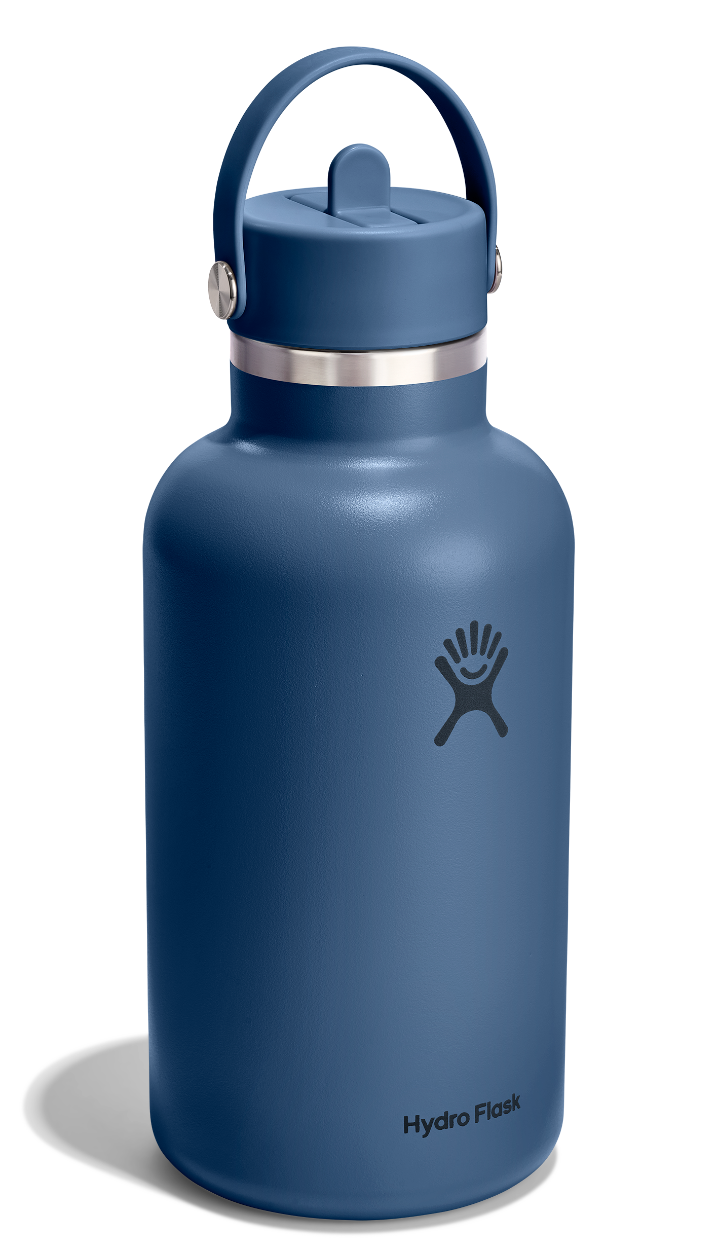 Blue water bottle with a flip cap on a white background