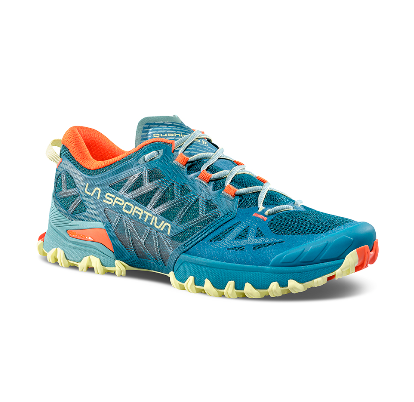 a photo of the la sportiva womens bushido three running shoe, three quarters view