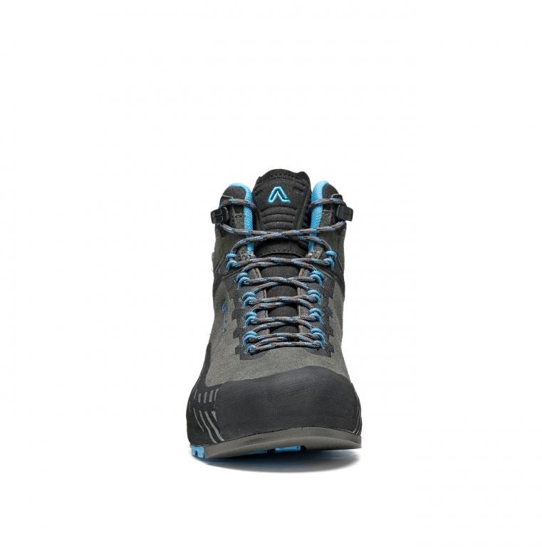 a photo of the asolo womens eldo mid leather gore tex boot in the color graphite blue moon, front view