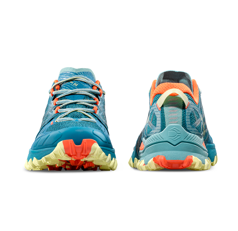 a photo of the la sportiva womens bushido three running shoe, view of the front and back