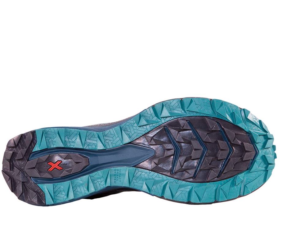 a photo of the la sportiva womens jackal 2 running shoe in the color carbon/lagoon, view of the sole