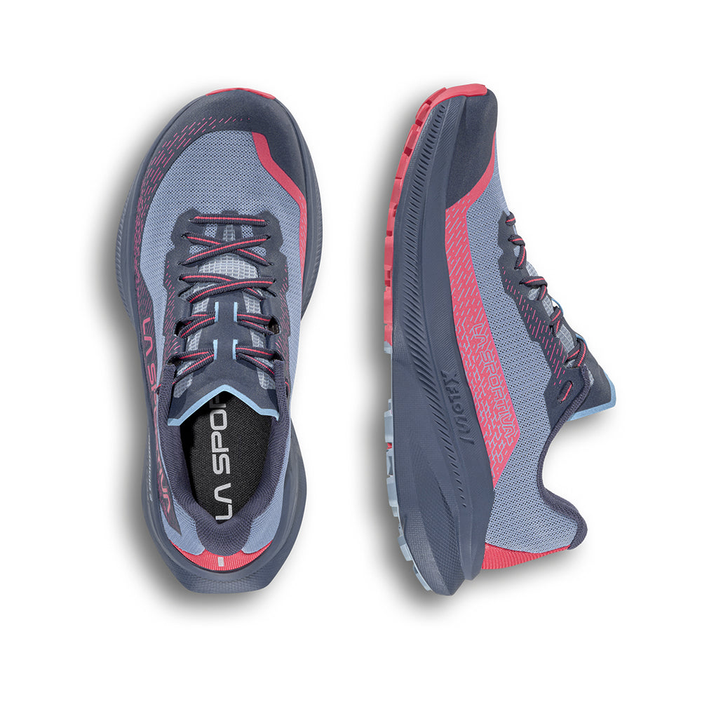 Gray and pink running shoes with 'La Sportiva' branding on a white background